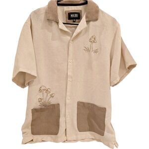 Malibu Shirt Mens Medium Beige Mushroom Embroidered Short Sleeve Button Pockets